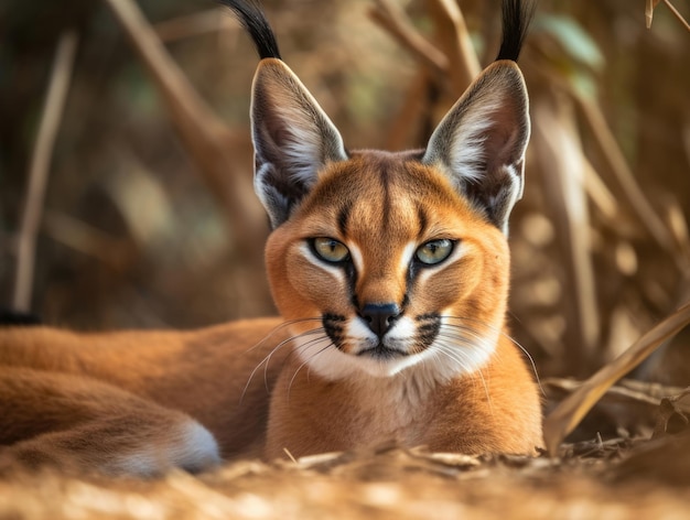 Il gatto caracal in natura si siede a terra e guarda la telecamera