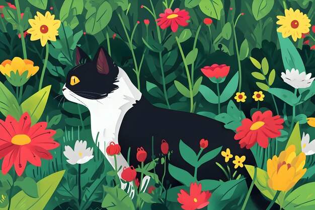 Il gatto che cammina nel giardino dei fiori d'estate