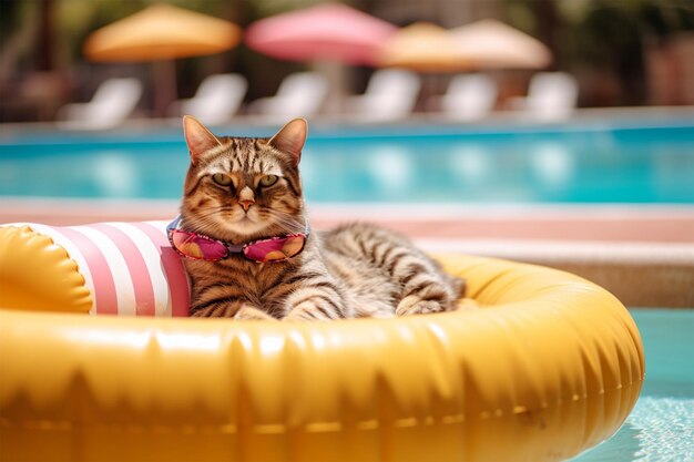 Il gatto con gli occhiali da sole sta riposando su un materasso gonfiabile accanto alla piscina durante le vacanze al resort