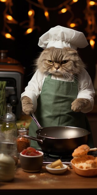 Il gatto divertente prepara il cibo in cucina IA generativa Foto di alta qualità