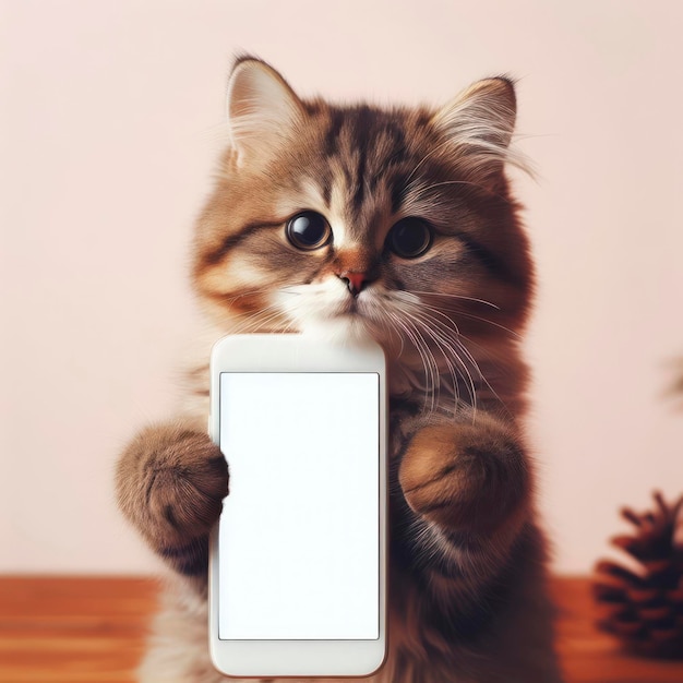 Il gatto divertente tiene uno smartphone nella zampa e mostra un display bianco mockup ai generativo