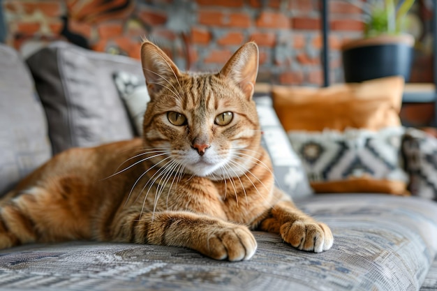 Il gatto domestico Ginger Tabby si rilassa elegantemente su un comodo divano grigio con cuscini decorativi