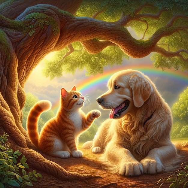 Il gatto e il cane si fissano affettuosamente nella natura sotto l'albero