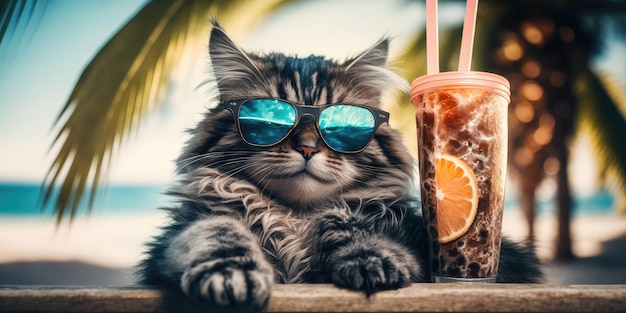 Il gatto è in vacanza estiva in località balneare e riposa rilassante sulla spiaggia estiva delle Hawaii