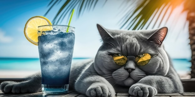 Il gatto è in vacanza estiva in località balneare e riposa rilassante sulla spiaggia estiva delle Hawaii