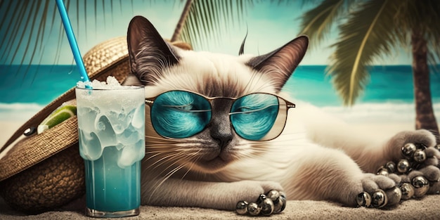 Il gatto è in vacanza estiva in località balneare e riposa rilassante sulla spiaggia estiva delle Hawaii