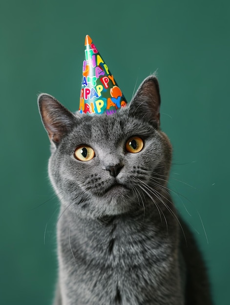 Il gatto grigio britannico sorride in un berretto di compleanno