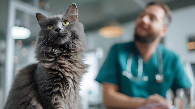 Il gatto grigio maestoso si siede con grazia veterinario sullo sfondo cura professionale degli animali domestici perfetto per i disegni a tema animale AI