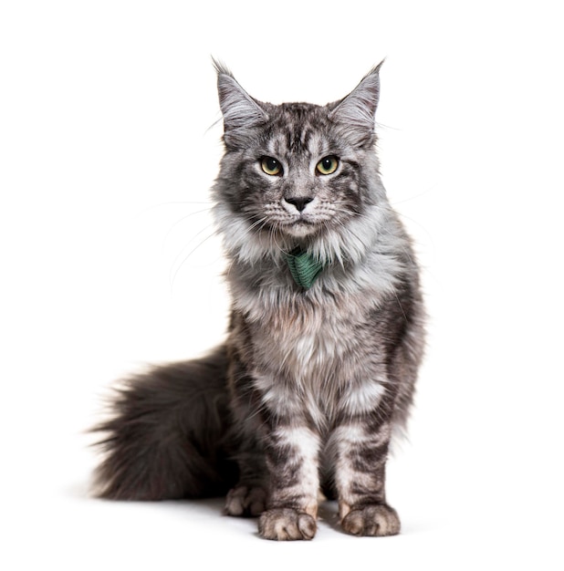Il gatto maestoso del Maine Coon seduto e con un papillon