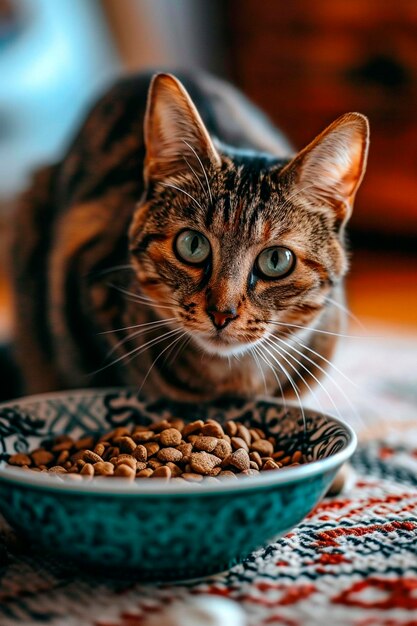 Il gatto mangia cibo. Focalizzazione selettiva.