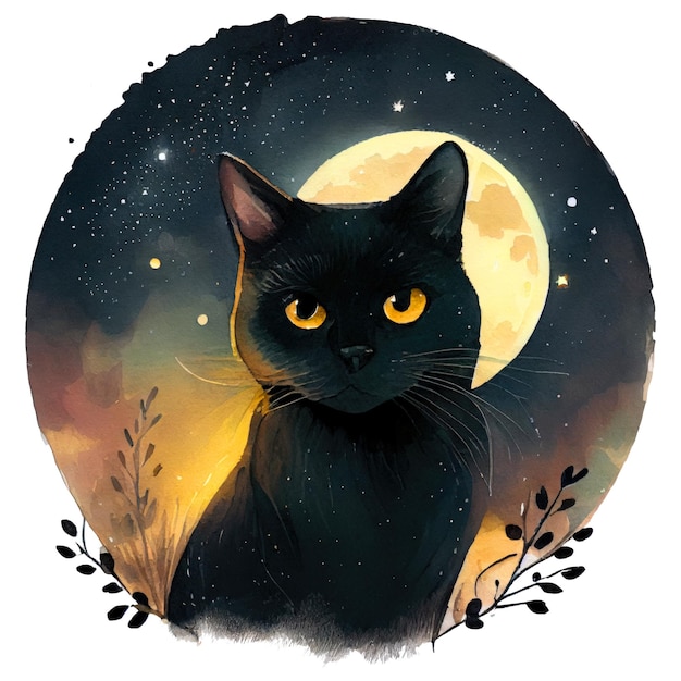 il gatto nero è appoggiato sopra uno sfondo blu intenso con la luna dorata