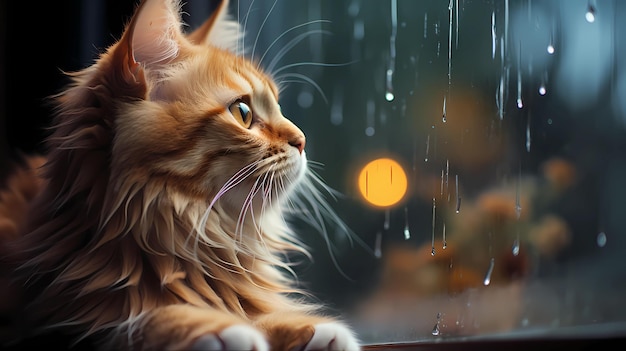il gatto rosso guarda la pioggia attraverso la finestra