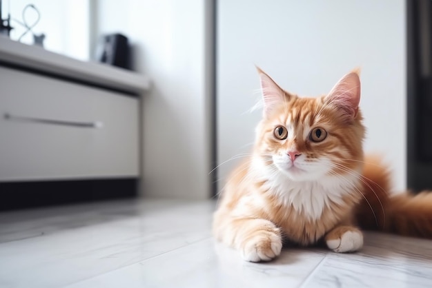 Il gatto rosso sdraiato sul pavimento bianco e in attesa di un banner di cibo con spazio di copia Generative AI