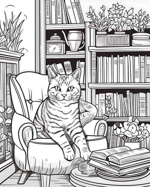 Il gatto si siede in una poltrona davanti ai libri