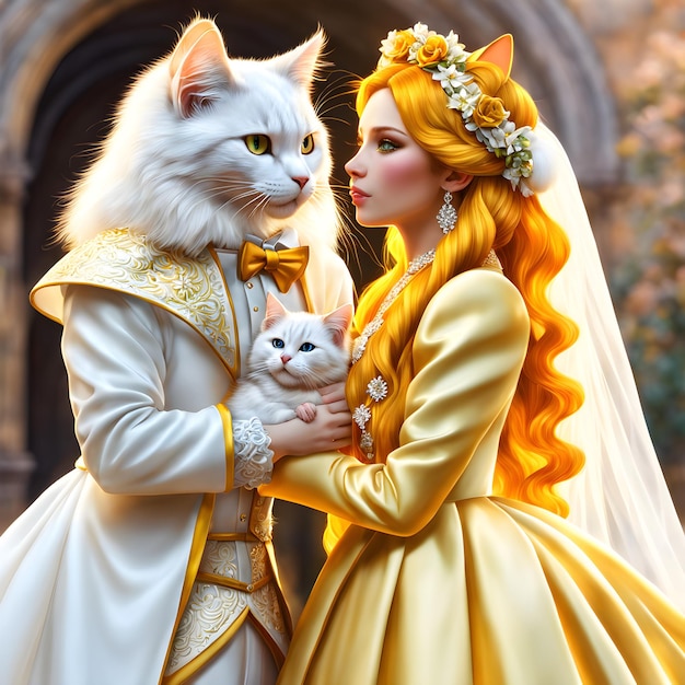 Il gatto sposa con la lunga pelliccia gialla che scorre e il gatto sposo con la pelliccia bianca setosa sembrava assolutamente