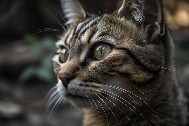 Il gatto sta distogliendo lo sguardo e l'ambiente circostante è nebbioso