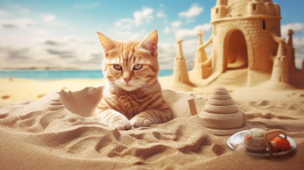 Il gatto sta giocando in riva al mare Concetto di viaggio e vacanza AI generato