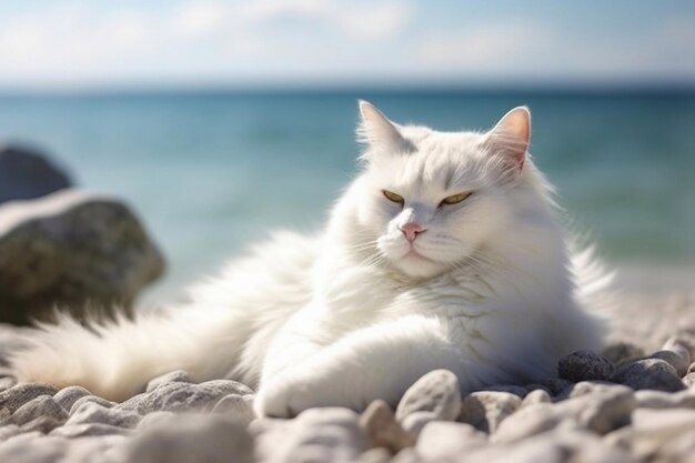 Il gatto sta prendendo il sole sulla spiaggia le vacanze tanto attese il gatto si riposa su una spiaggia di sabbia