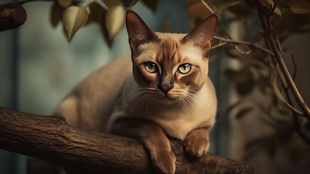 Il gatto Tonkinese esplora l'albero Uno scorcio di energica avventura felina