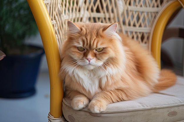 Il gatto zenzero siberiano è raggomitolato su una sedia nello spazio