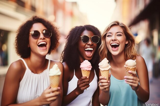 Il gelato delle donne gioiose delizia un incontro all'aperto di felicità generativa Ai