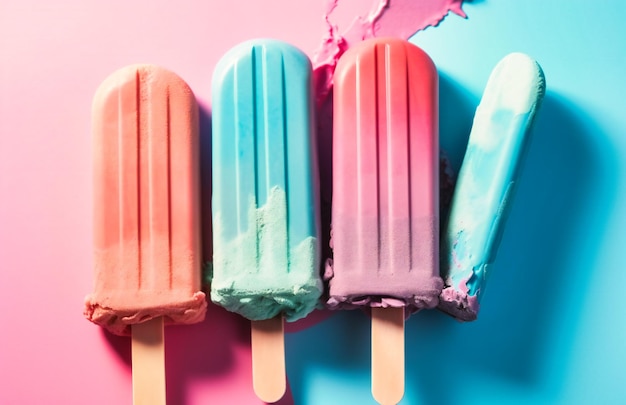 Il gelato spunta in diversi colori su uno sfondo rosa e blu