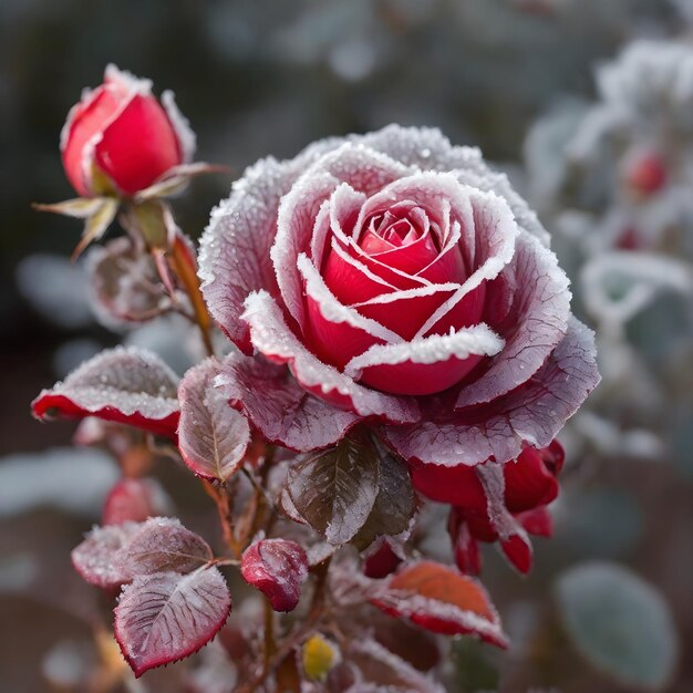 Il gelo adorna una rosa rossa di delicata bellezza