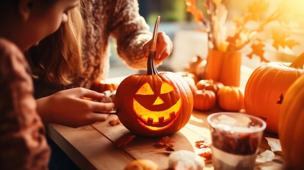 Il genitore con i bambini piccoli si sta preparando per le vacanze di Halloween le mani della madre con i bambini