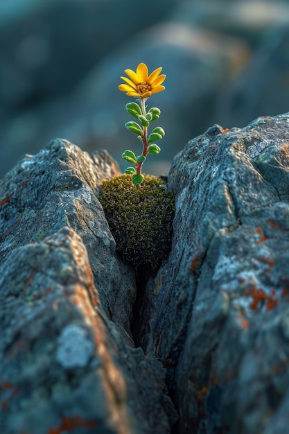 Il germoglio dell'albero del futuro si fa strada attraverso la superficie rocciosa delle montagne il concetto di vita e crescita nonostante le difficoltà