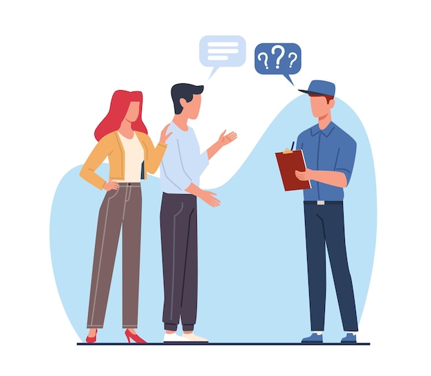 Il gestore indaga la coppia per valutare la qualità dei servizi forniti L'uomo con la lista di controllo La famiglia fornisce una revisione Sistema CRM di gestione delle attività Concepto di feedback vettoriale isolato in stile piatto a cartone animato