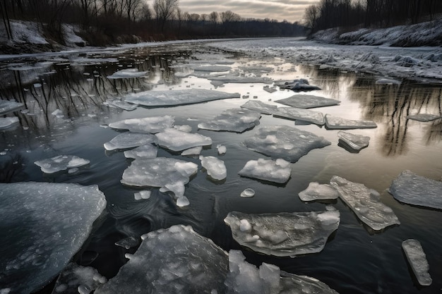 Il ghiaccio su un fiume che si spezza e si rompe a causa del movimento dell'acqua