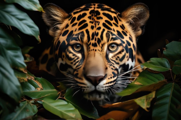 Il giaguaro dorato riposa sulla giungla lussureggiante penetrando con gli occhi generativi IA