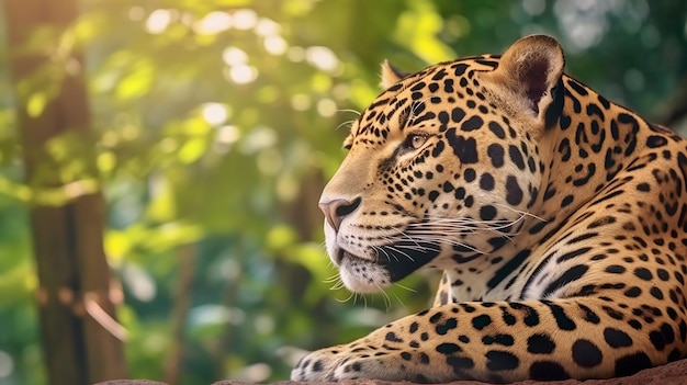 Il giaguaro macchiato fissa la bellezza maestosa sullo sfondo della natura