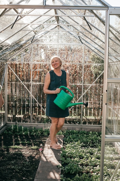 Il giardiniere femminile sta innaffiando le piante in serra. Tiene un annaffiatoio di plastica verde.