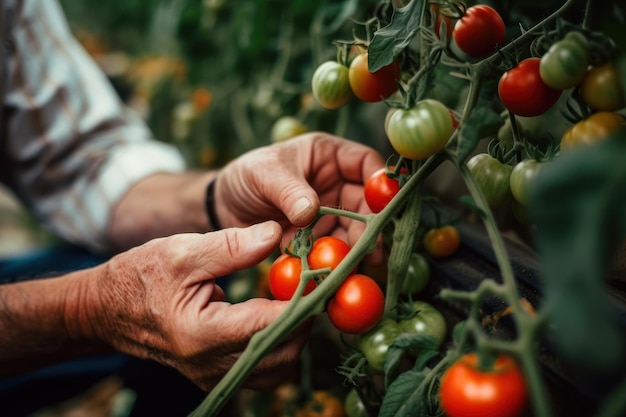 Il giardiniere raccoglie a mano il pomodoro rosso ai generativo