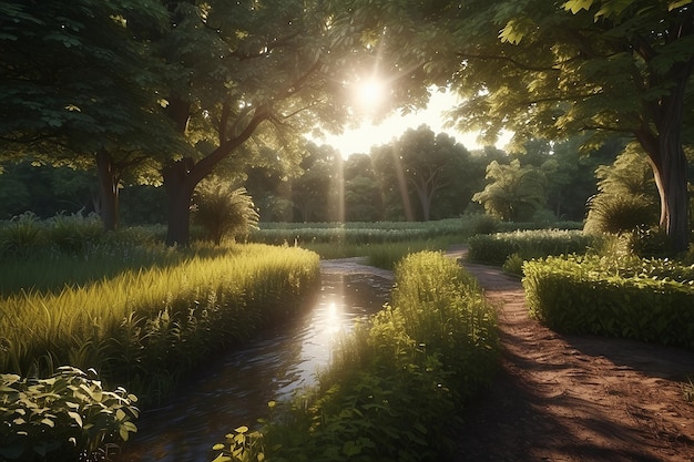 Il giardino nel bosco, gli alberi verdi, una strada dritta e l'acqua che scorre, il sole che splende davanti.