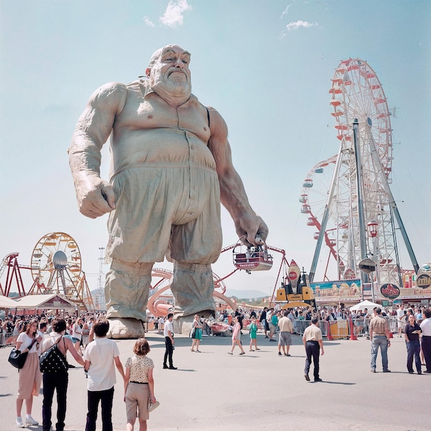 Il gigante del divertimento Un uomo gigante che si diverte con le giostre in un moderno parco divertimenti