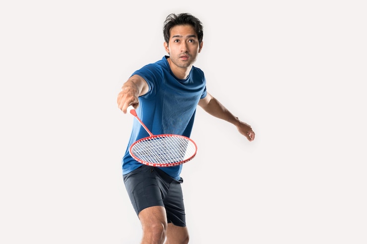 Foto il giocatore di badminton in abiti sportivi tiene in mano una racchetta e un volano sullo sfondo bianco