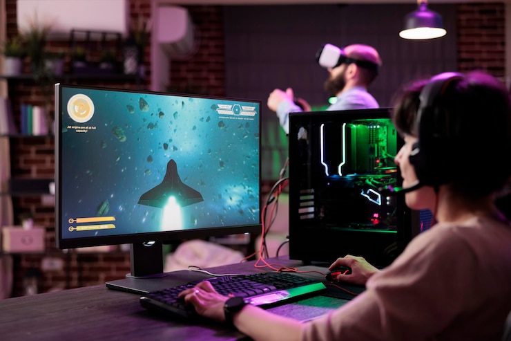 Foto il giocatore si impegna in un gioco competitivo online.