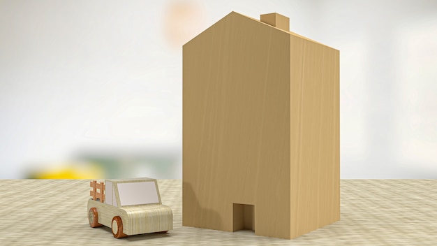 Il giocattolo in legno per la casa e l'auto per il rendering 3d del concetto di proprietà o proprietà