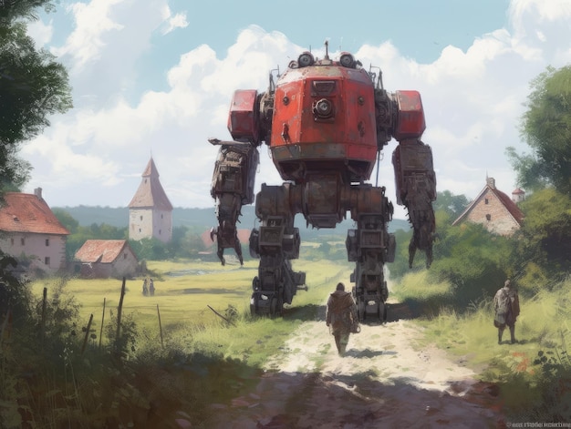 il gioco d'arte dell'illustrazione del paesaggio dieselpunk assiste sullo sfondo della mietitrice del combattente dei robot