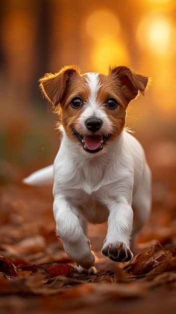 Il gioco del cucciolo Jack Russell Terrier si gode un vivace sfondo mobile verticale autunnale