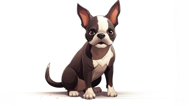 Il giocoso personaggio dei cartoni animati di Boston Terrier scherza negli spazi bianchi