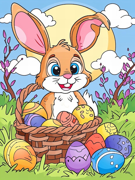 Il gioioso coniglietto di Pasqua con il colorato cesto delle uova nel soleggiato campo primaverile