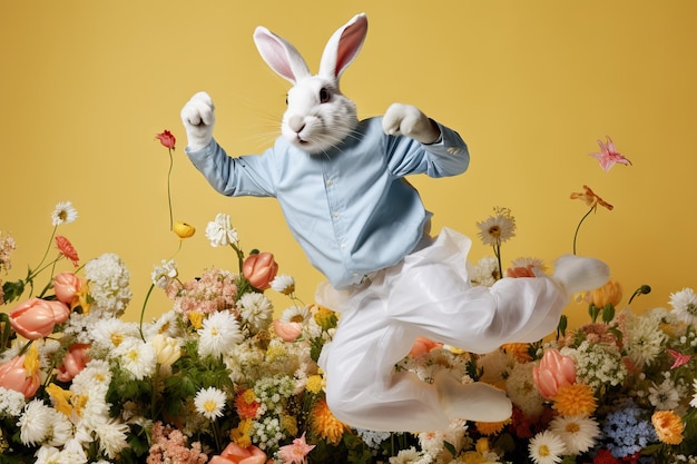 Il gioioso coniglietto di Pasqua danza e salta fiori di primavera sullo sfondo