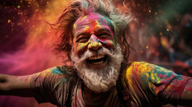 Il gioioso festaiolo indiano Holi balla con il volto abbandonato vivo con l'esuberanza del festival