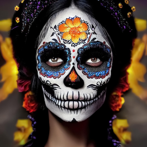 Il giorno dei morti Calavera Catrina Donna con il tradizionale trucco del teschio di zucchero Illustrazione 3D