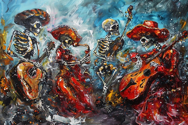 Il giorno dei morti, la festa messicana, gli scheletri dei musicisti.