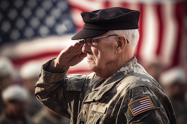 Il giorno dei veterani, un veterano dell'esercito degli Stati Uniti saluta la bandiera americana.