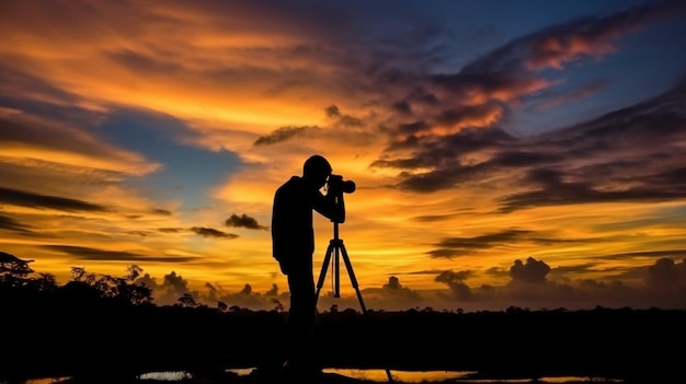 Il giorno del fotografo Un abile fotografo cattura un tramonto mozzafiato con tonalità vibranti